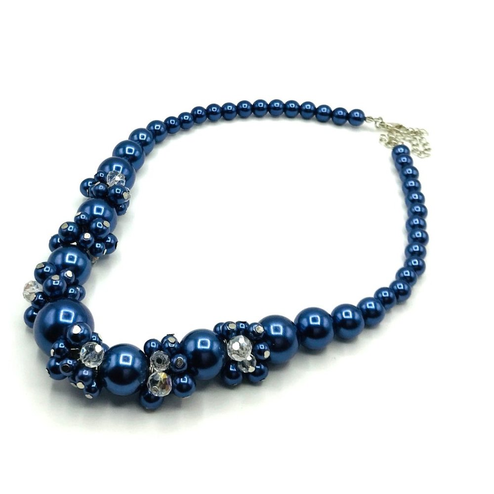 Necklace blue clear bead clusters 16" length